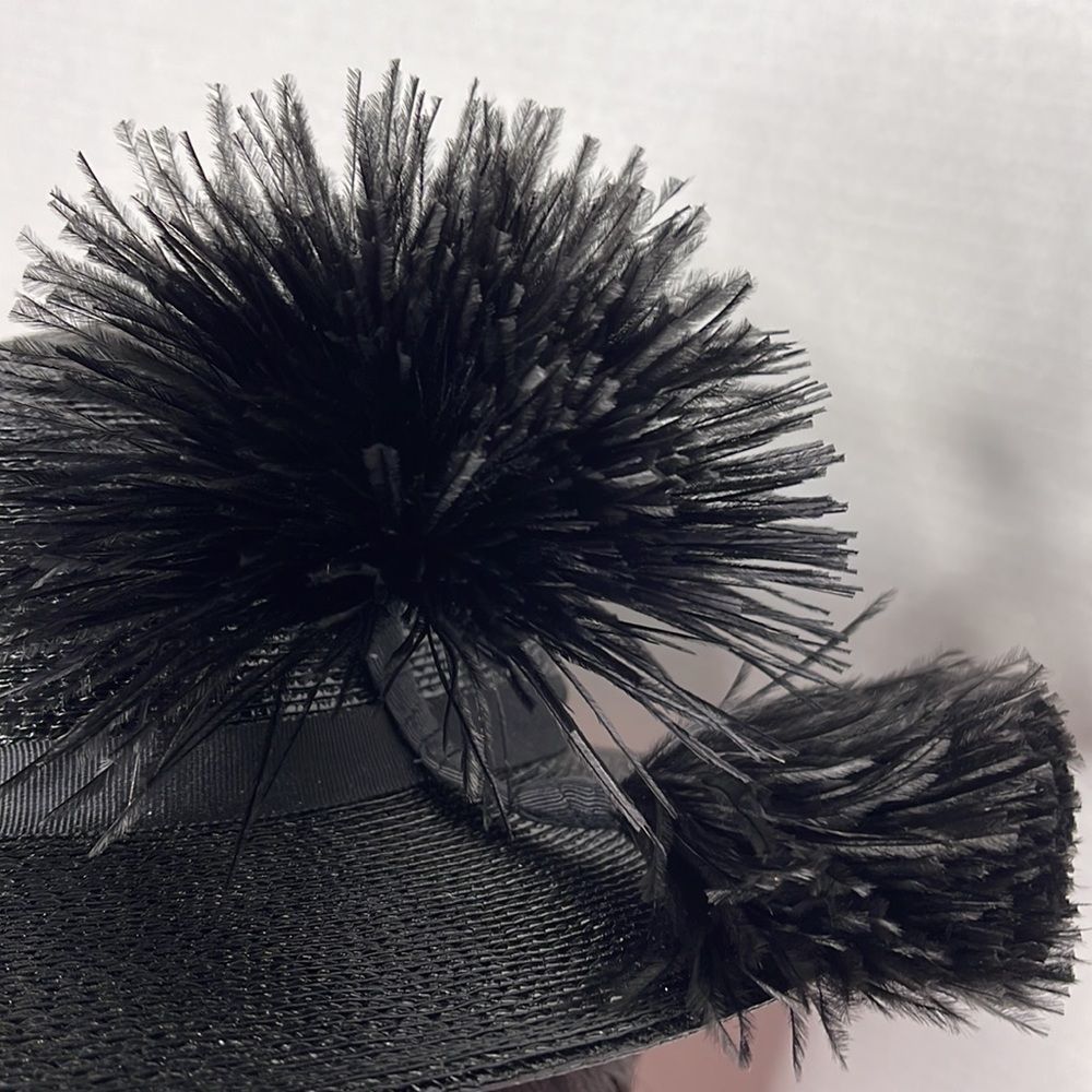 Vintage 60s Black Straw Hat with Feather Plume - Picture 3 of 15
